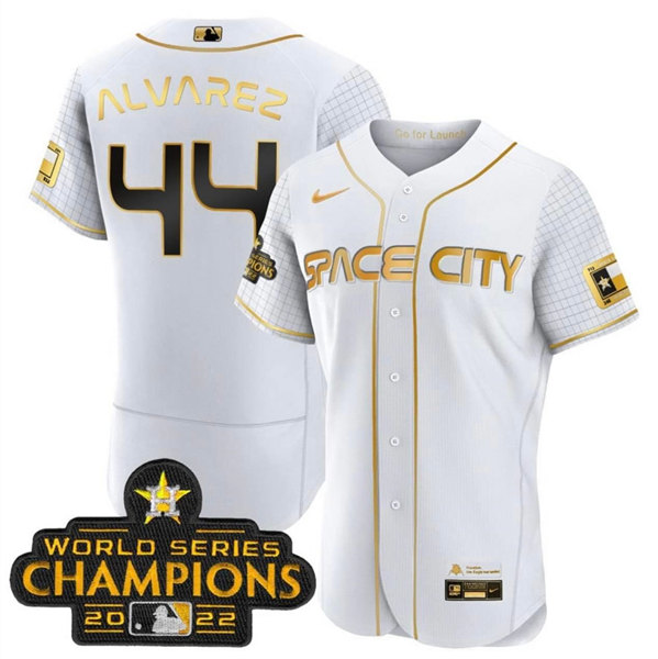 Men's Houston Astros #44 Yordan Alvarez White With 2022 World Serise Champions Patch Stitched Baseball Jersey Men's Houston Astros #44 Yordan Alvarez White With 2022 World Serise Champions Patch Stitched Baseball Jersey